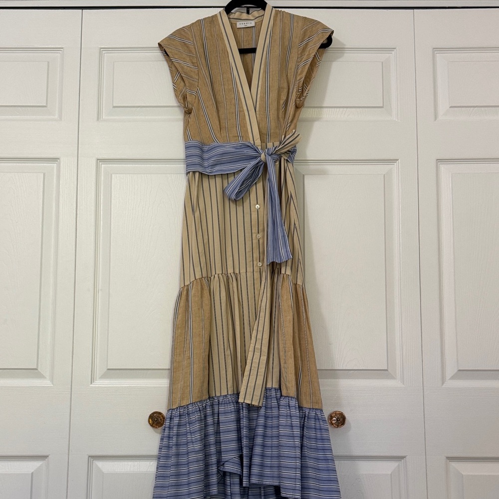 Sandro Tan and Blue Striped Midi Dress - Picture 2 of 10